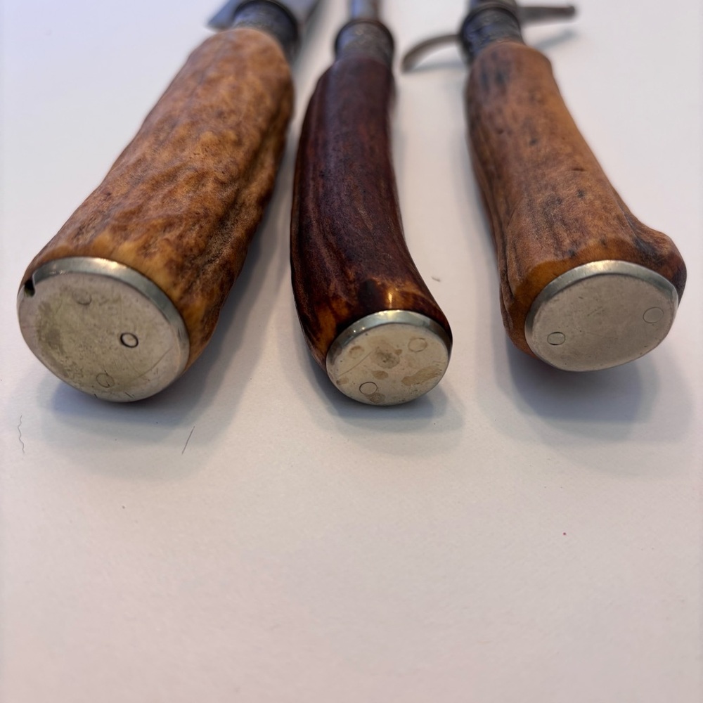 Antique Vintage Antler Handle Handle Carving Set w/ Silver Plated Ferrules Rare - Picture 3 of 14